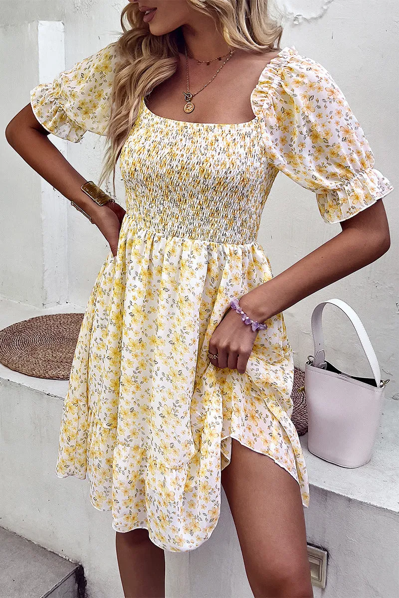 Floral Smocked Square Neck Flounce Sleeve Dress