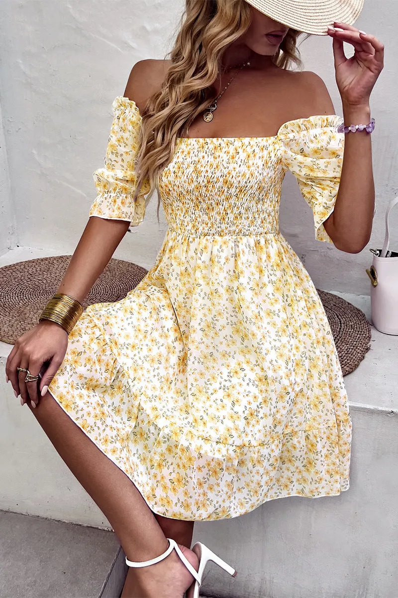 Floral Smocked Square Neck Flounce Sleeve Dress