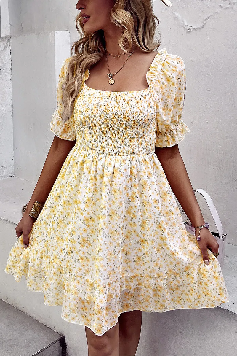 Floral Smocked Square Neck Flounce Sleeve Dress