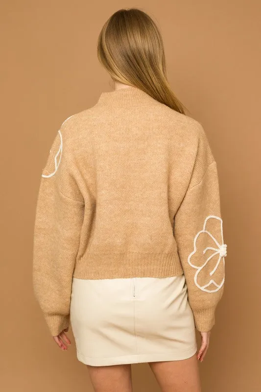 Flower Embroidery Mock Neck Sweater