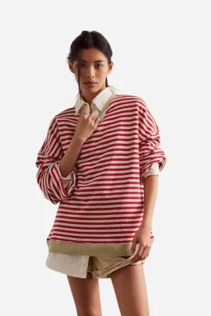 Free People Classic Striped Oversized Crewneck in Cherry Combo