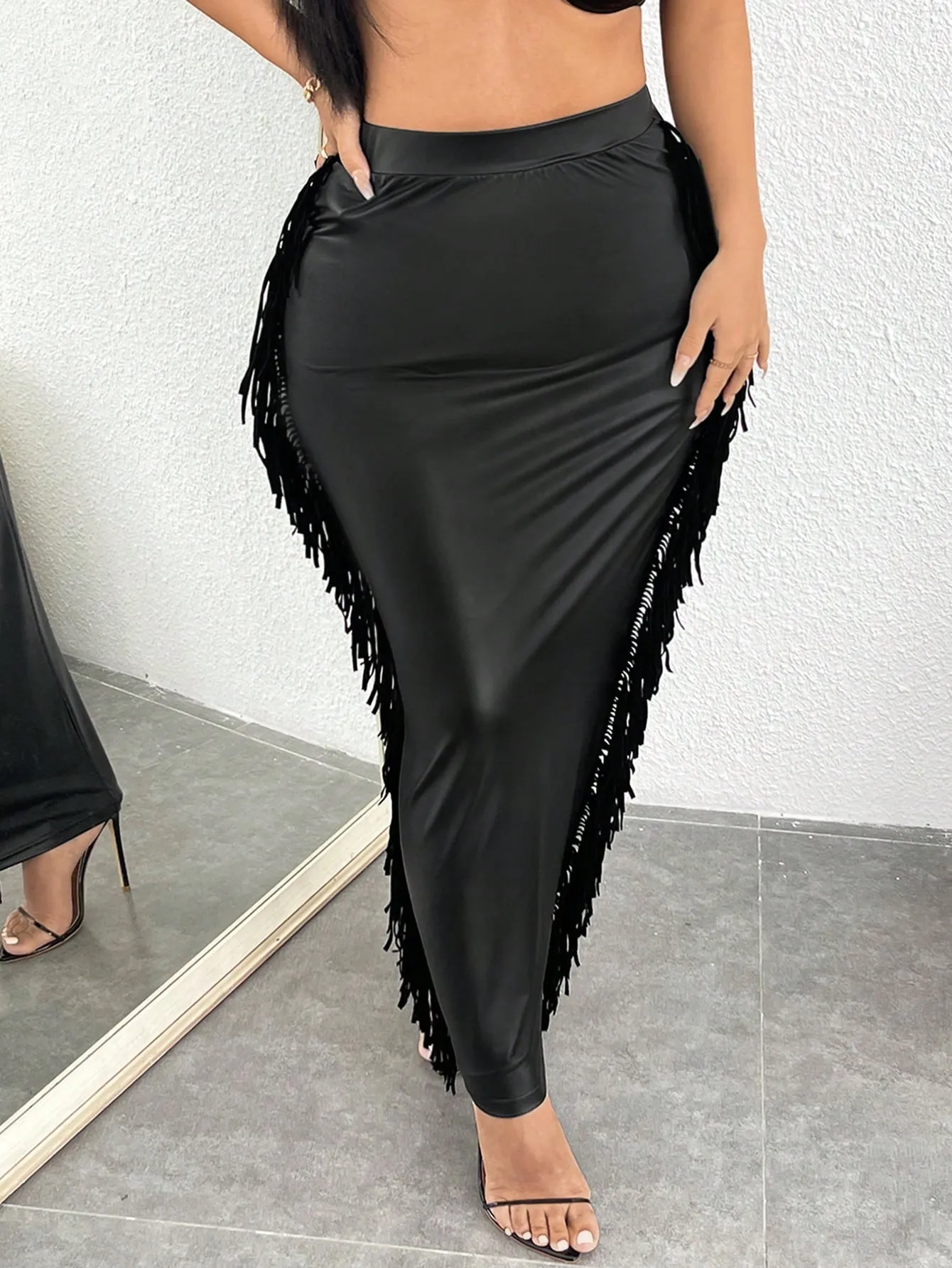 Fringe Trim PU Leather Pencil Skirt