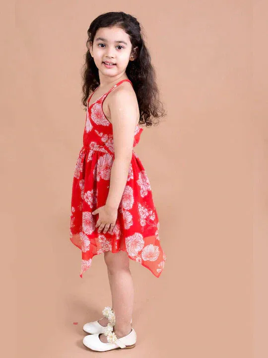 Girls Red Floral Printed Chiffon Dress - Ps Peaches