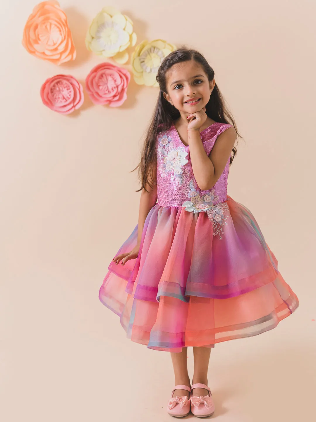 Girls Red Floral Printed Chiffon Dress - Ps Peaches