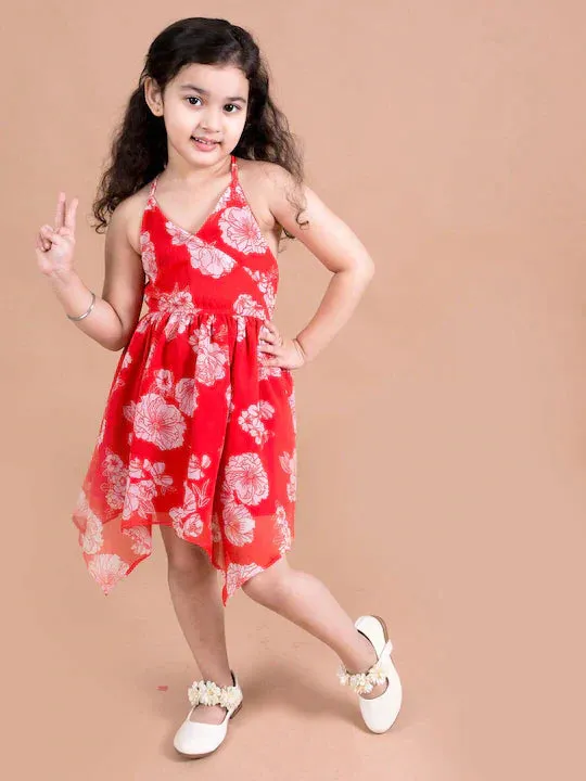 Girls Red Floral Printed Chiffon Dress - Ps Peaches