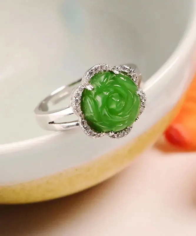 Green Sterling Silver Jade Zircon Floral Rings