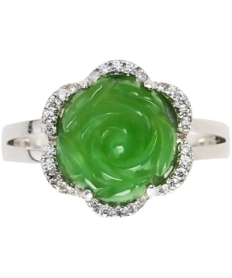 Green Sterling Silver Jade Zircon Floral Rings