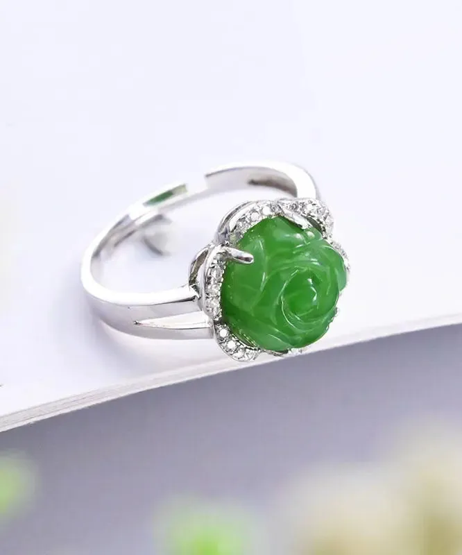 Green Sterling Silver Jade Zircon Floral Rings