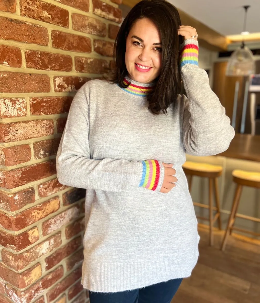 Grey Audrey Rainbow Trim Tunic Jumper