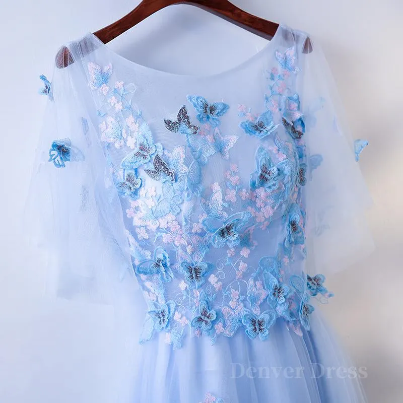 Half Sleeves Round Neck Blue Floral Long Prom Dresses Blue Long Formal Evening Dresses with Flower