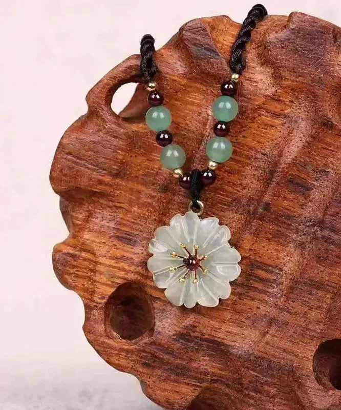 Handmade Green Crystal Jade Floral Pendant Necklace ML0290