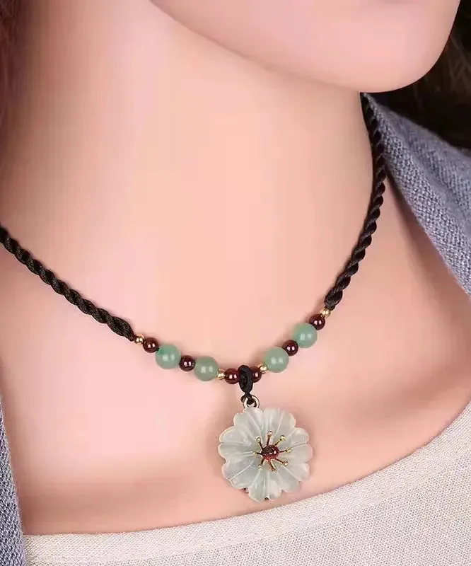 Handmade Green Crystal Jade Floral Pendant Necklace ML0290