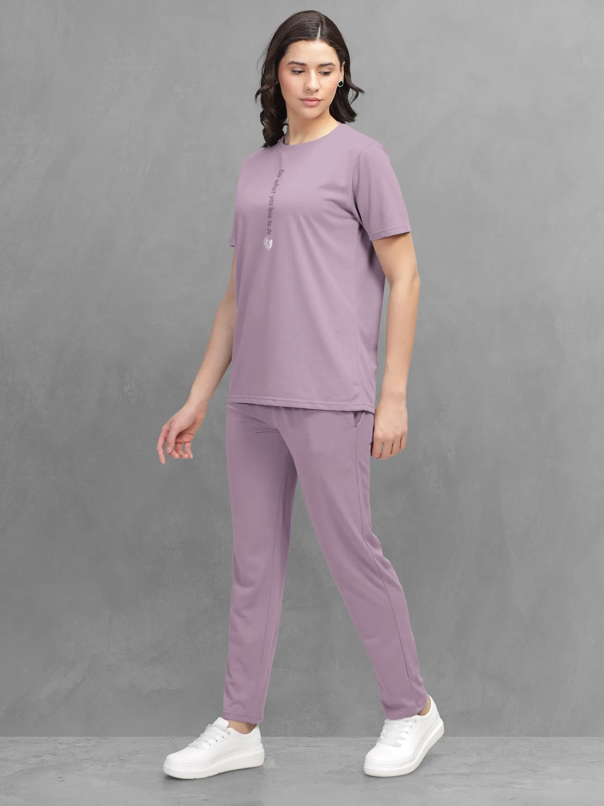 HELLCAT Purple Trendy Printed / Solid T shirt with Pants Lounge Wear / Coords / Clothing Set for Women