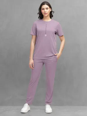 HELLCAT Purple Trendy Printed / Solid T shirt with Pants Lounge Wear / Coords / Clothing Set for Women