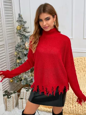 Holiday Snowflake Trees Cutting Drop Shoulder Red Knitted Sweater MYWU0081HO