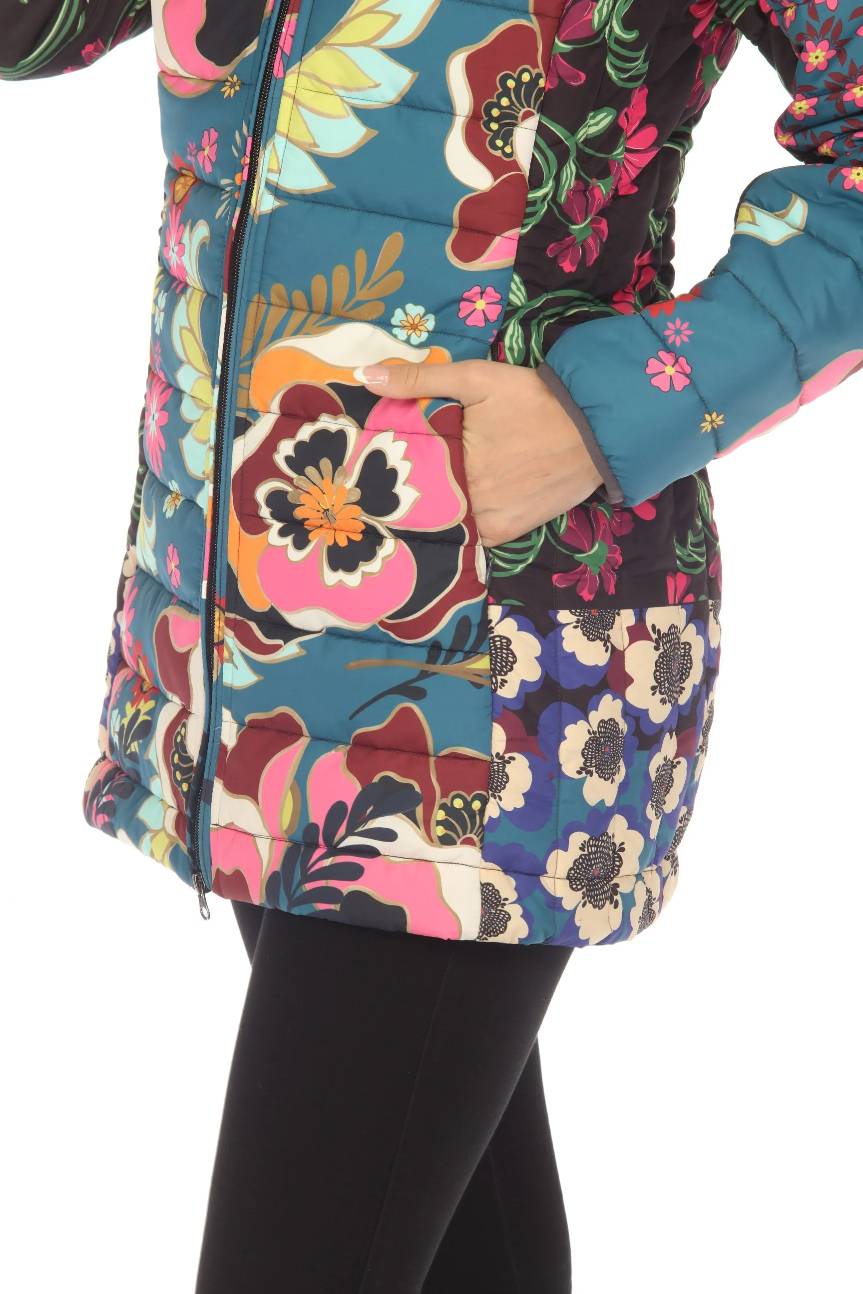 Johnny Was Hazel Mixed Print Zip Front Hooded Puffer Jacket Boho Chic C49223