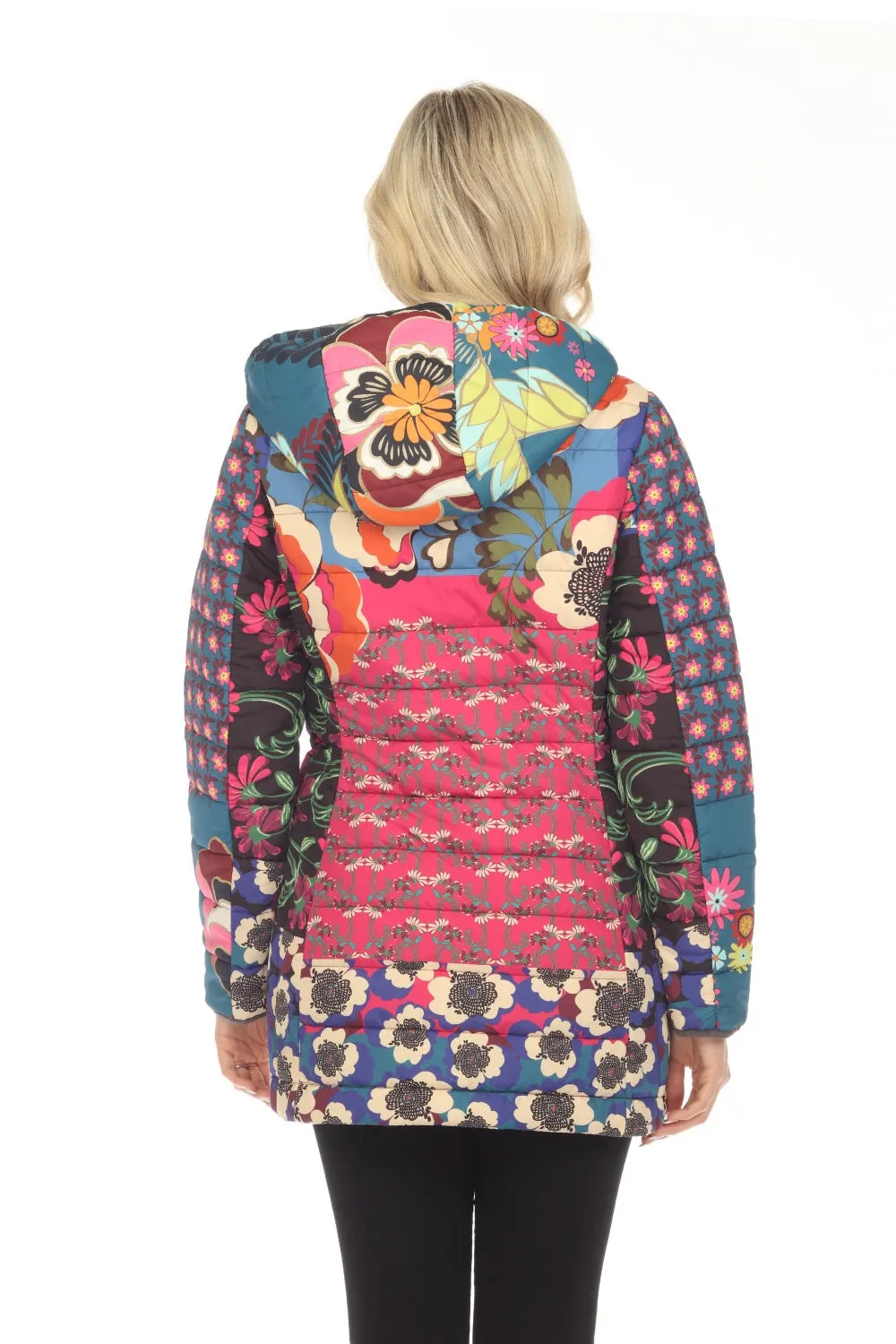 Johnny Was Hazel Mixed Print Zip Front Hooded Puffer Jacket Boho Chic C49223