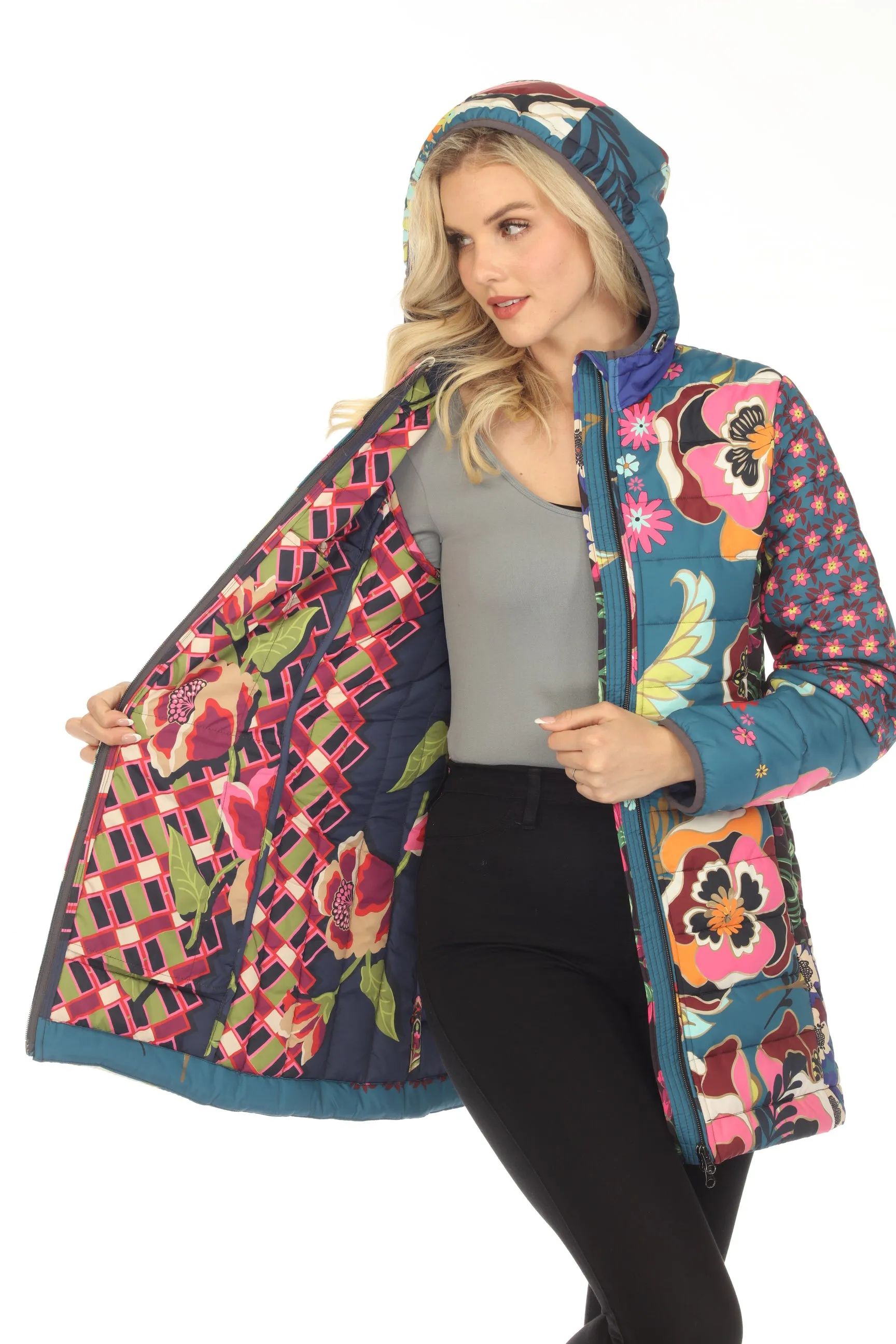 Johnny Was Hazel Mixed Print Zip Front Hooded Puffer Jacket Boho Chic C49223