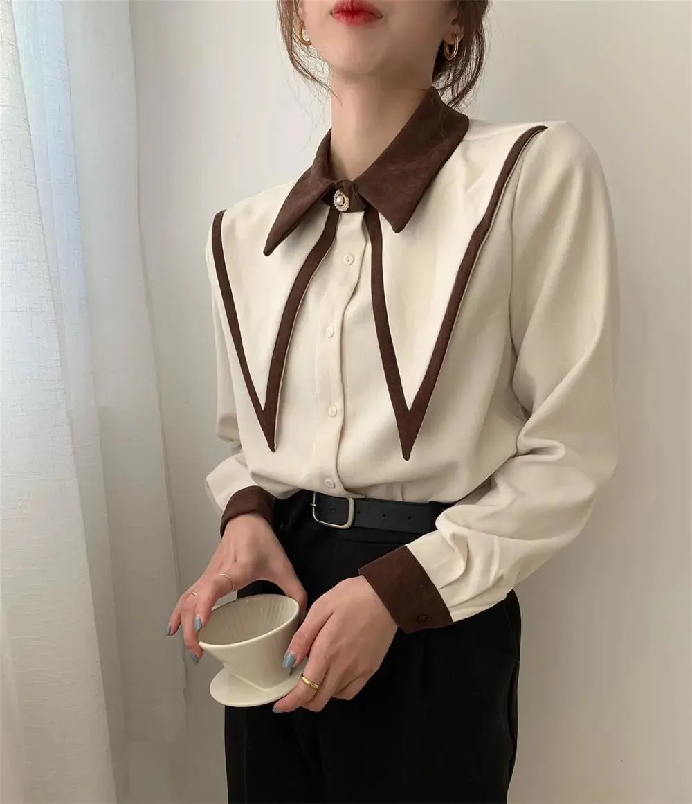 JuliaFashion - 2024 Sharp Ruffle Turn Down Collar Blouse Women Tops Korean Fashion Clothing