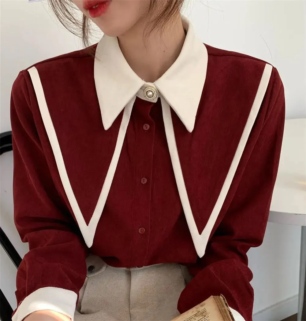 JuliaFashion - 2024 Sharp Ruffle Turn Down Collar Blouse Women Tops Korean Fashion Clothing