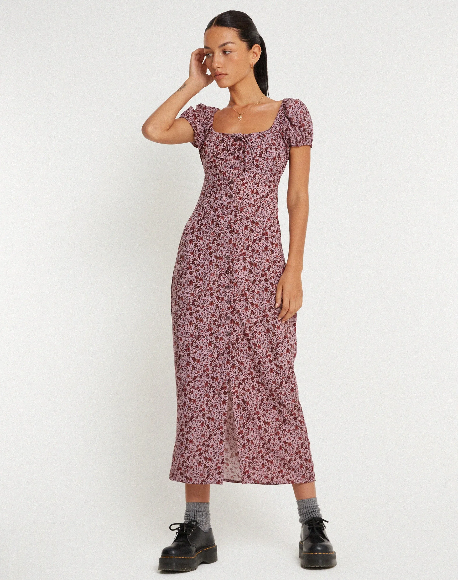 Larson Midi Dress in 90’s Floral Burgundy