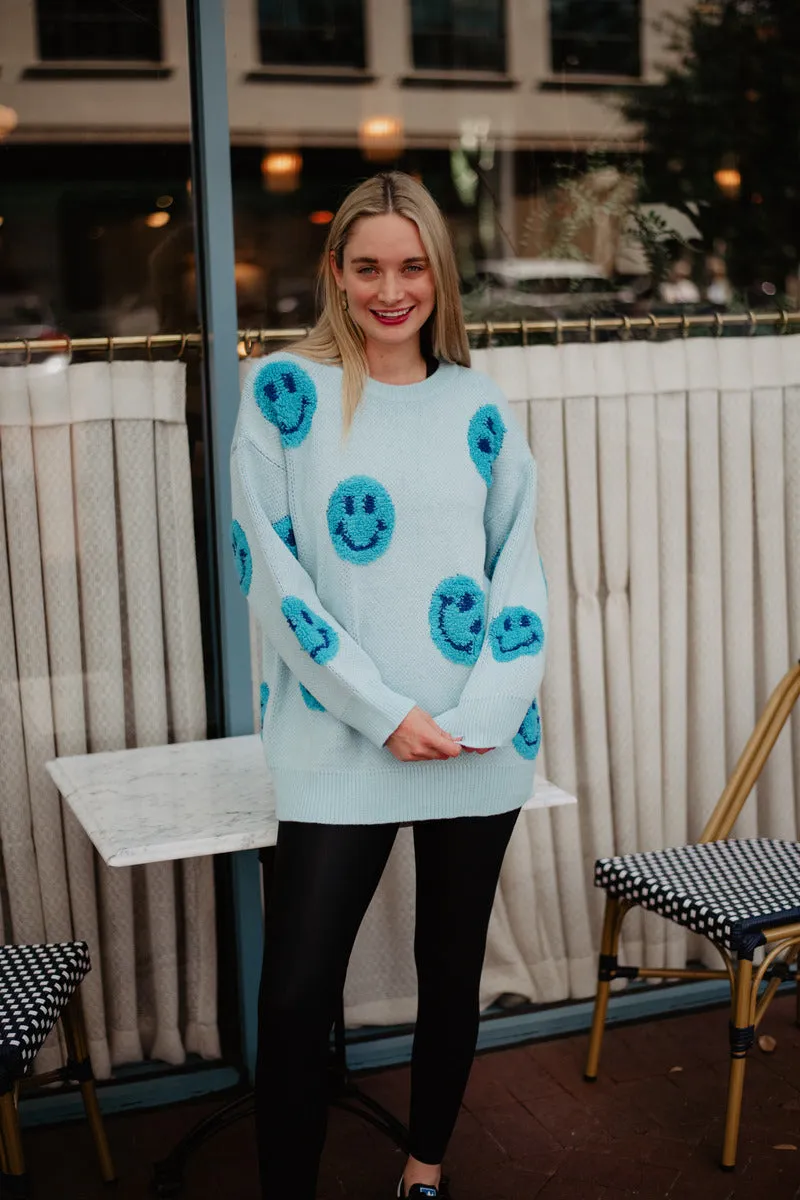 Light Blue Knit Happy Face Sweater