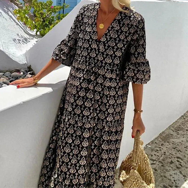 Loose Pattern Printed Fashion Flared Sleeve Pleated Bohemian Spring V-neck Floral Vintage Dress