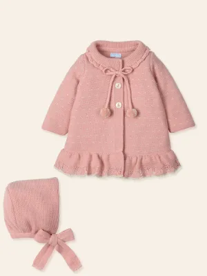 Mac Ilusion AW24 - Baby Girl's Dusky Pink, Cream and Gold Knitted Coat & Hat 9497