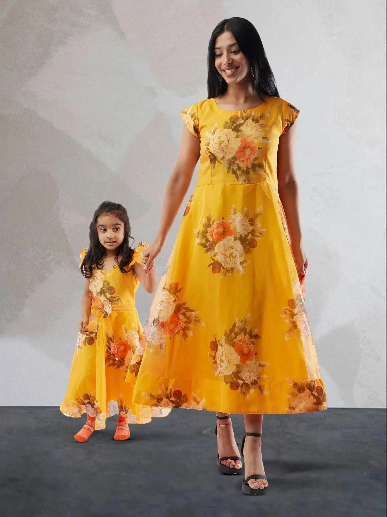 Mommy n Me - Yellow Floral Print Organza Dresses