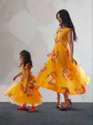 Mommy n Me - Yellow Floral Print Organza Dresses