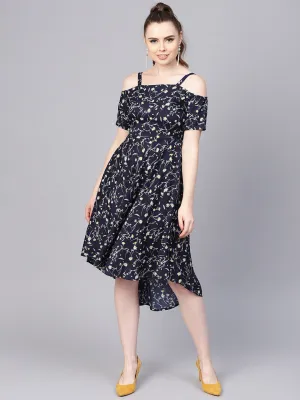 Navy Blue Floral Printed Dress With Shoulder Strap & Detailed Sleeves