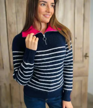 Navy Striped 1/4 Zip Contrast Collar Jumper