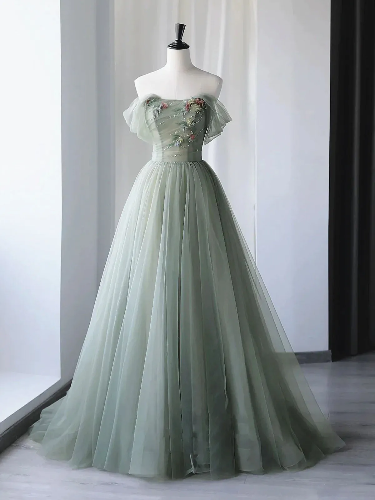 Off the Shoulder Green Floral Long Prom Dresses, Green Floral Long Formal Evening Dresses