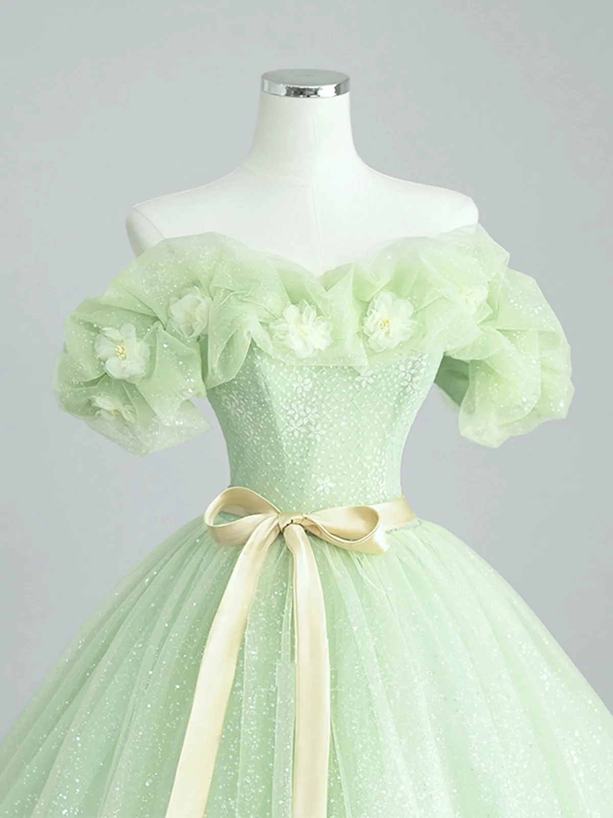 Off the Shoulder Light Green Floral Prom Dresses, Green Floral Formal Graduation Dress