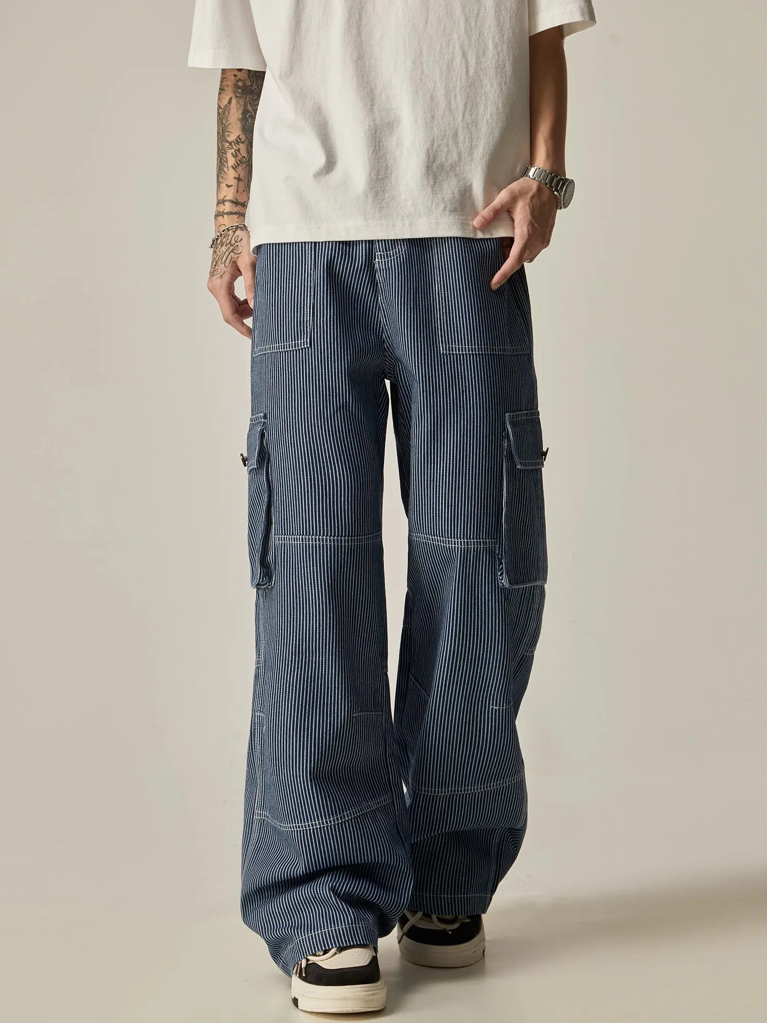 Pinstriped Wide-Leg Cargo Utility Pants