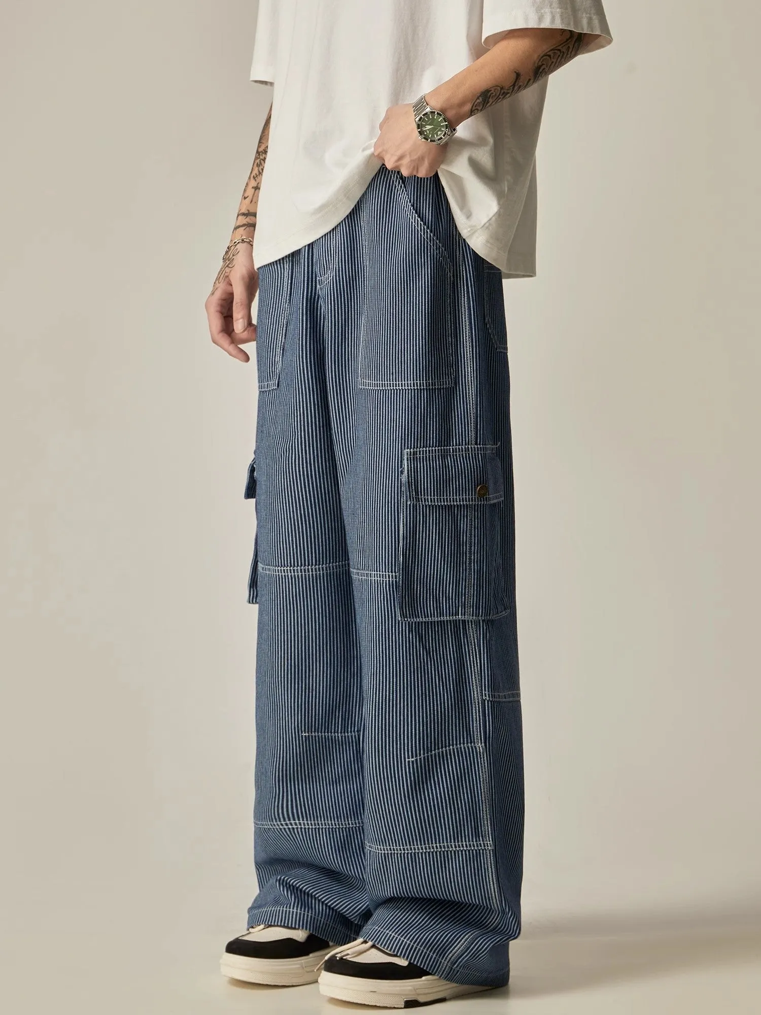 Pinstriped Wide-Leg Cargo Utility Pants