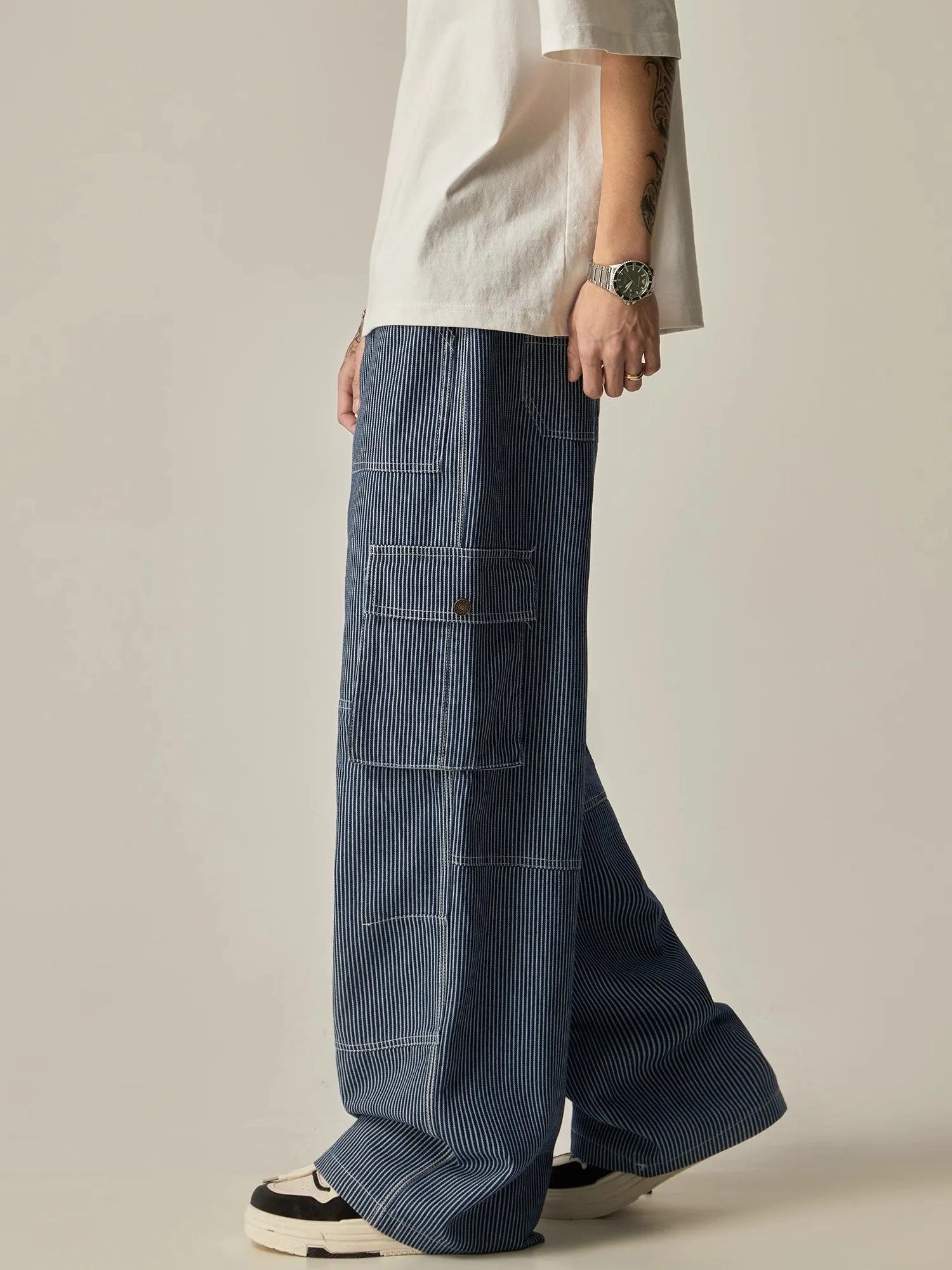 Pinstriped Wide-Leg Cargo Utility Pants