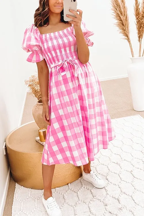 Plaid Square Neck Puff Sleeve Belted Dress