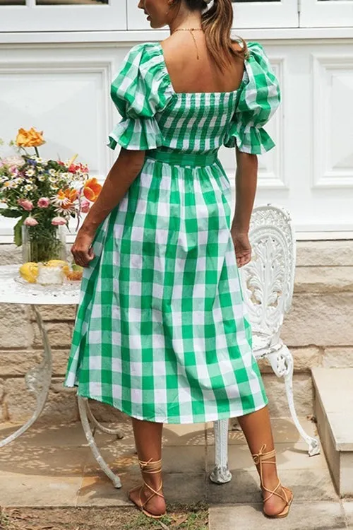 Plaid Square Neck Puff Sleeve Belted Dress