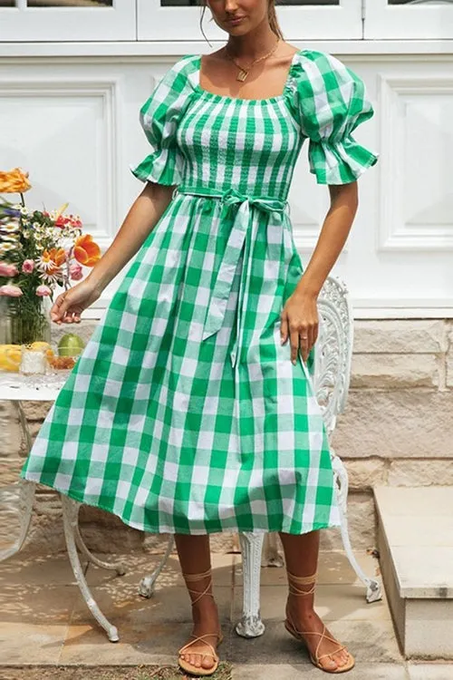 Plaid Square Neck Puff Sleeve Belted Dress