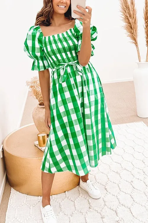 Plaid Square Neck Puff Sleeve Belted Dress