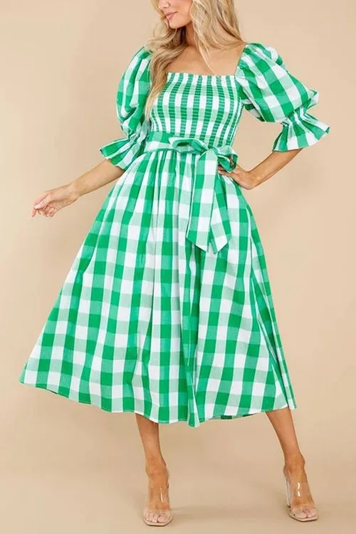 Plaid Square Neck Puff Sleeve Belted Dress