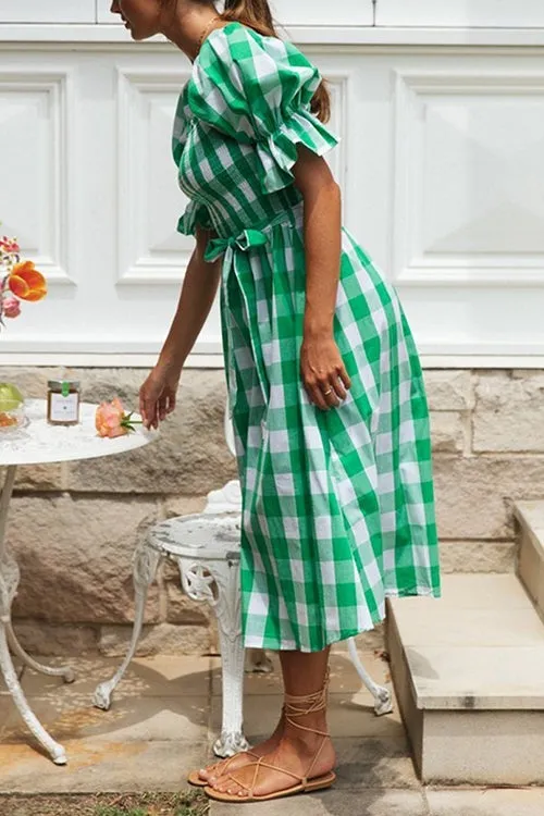 Plaid Square Neck Puff Sleeve Belted Dress