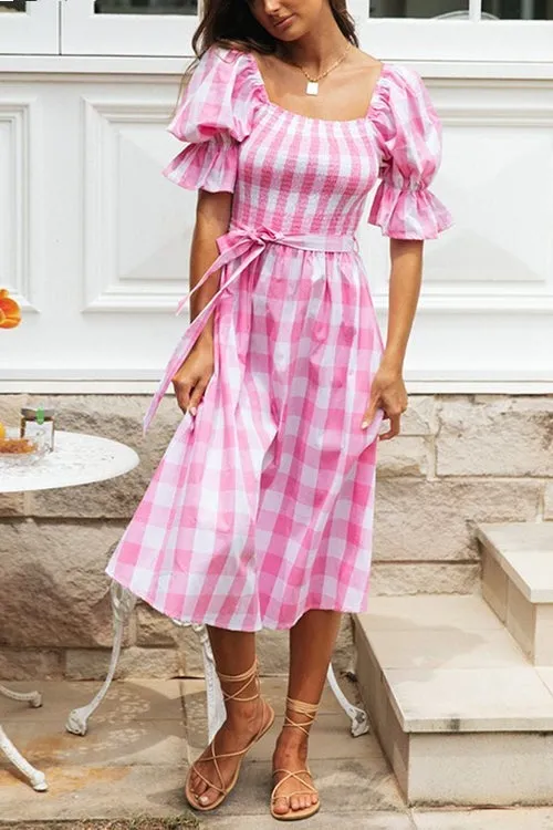 Plaid Square Neck Puff Sleeve Belted Dress