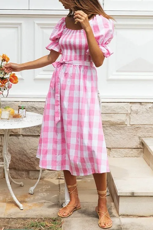 Plaid Square Neck Puff Sleeve Belted Dress