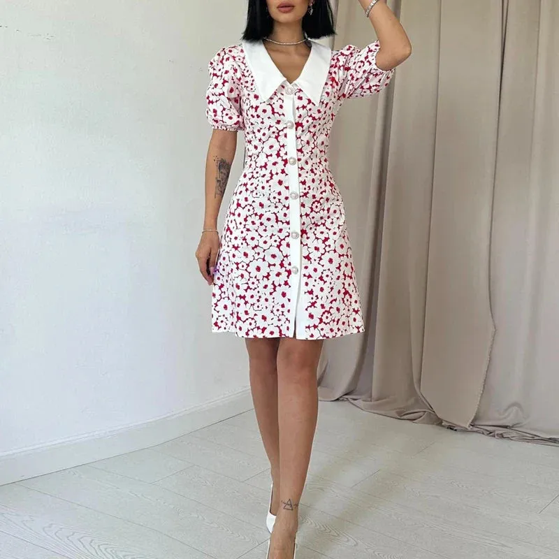 Polo Collar Fashion Print Elegant Short Sleeve Button Mini Floral Stitching Dress