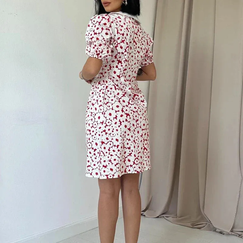 Polo Collar Fashion Print Elegant Short Sleeve Button Mini Floral Stitching Dress