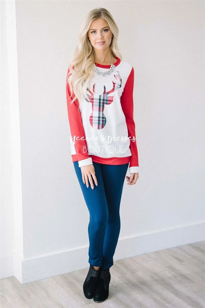 Red Sleeve Plaid Reindeer Sweater