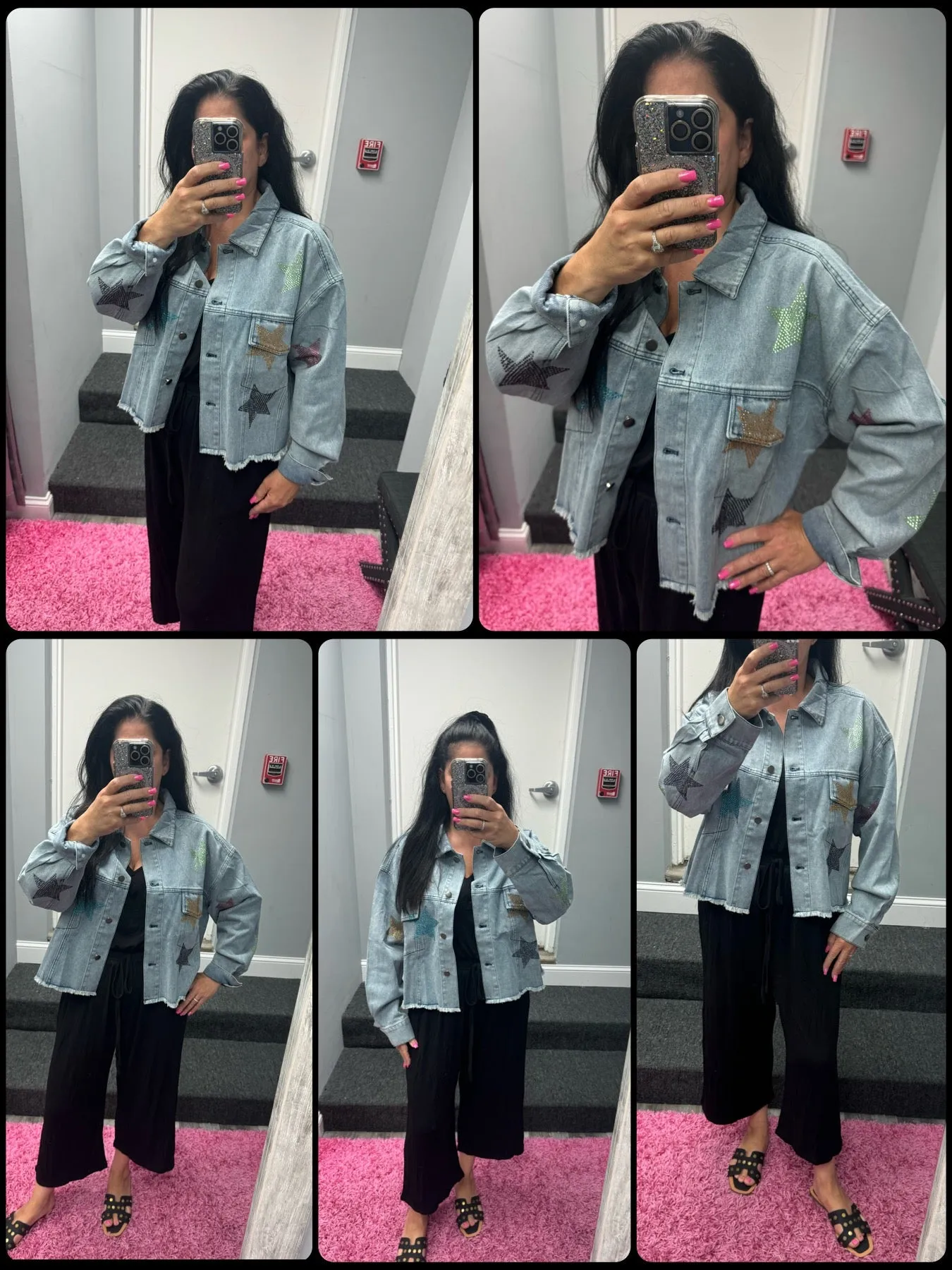 RHINESTONE STAR ACCENT DENIM JACKET - DENIM