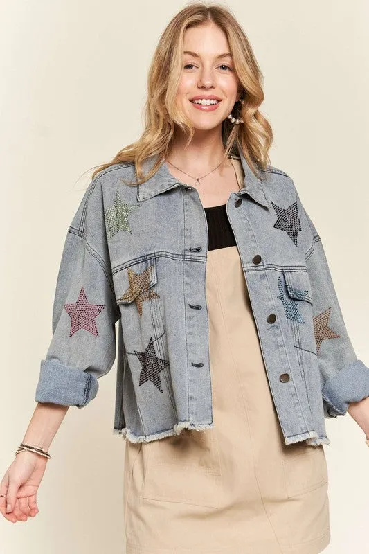 RHINESTONE STAR ACCENT DENIM JACKET - DENIM